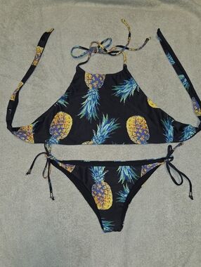 Black Pineapple Print Halter Bikini Top and Tie-Side Bottom